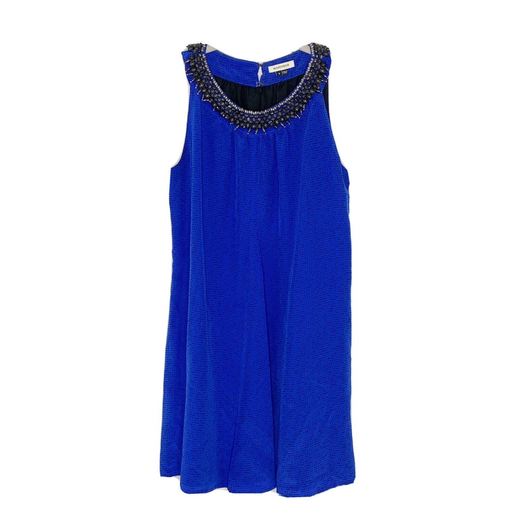 Anthropologie by Gryphon Women's 100% Silk Bead Accent Blue Shift Dress Sz S